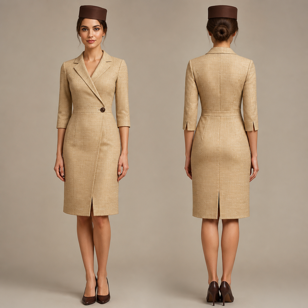 Robe hôtesse pour restaurant, la couleur du vêtement est à la couleur du tissu en paille
Et un chapeau style hôtesse couleur marrone
photorealistic fashion design, Robe hôtesse pour restaurant, la couleur du vêtement est à la couleur du tissu en paille
Et un chapeau style hôtesse couleur marrone , business style, just the design no text, show front and back