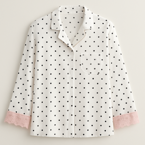 White pajama top boyfriend style with small black polka dots and baby pink lace on the hems sleeves 