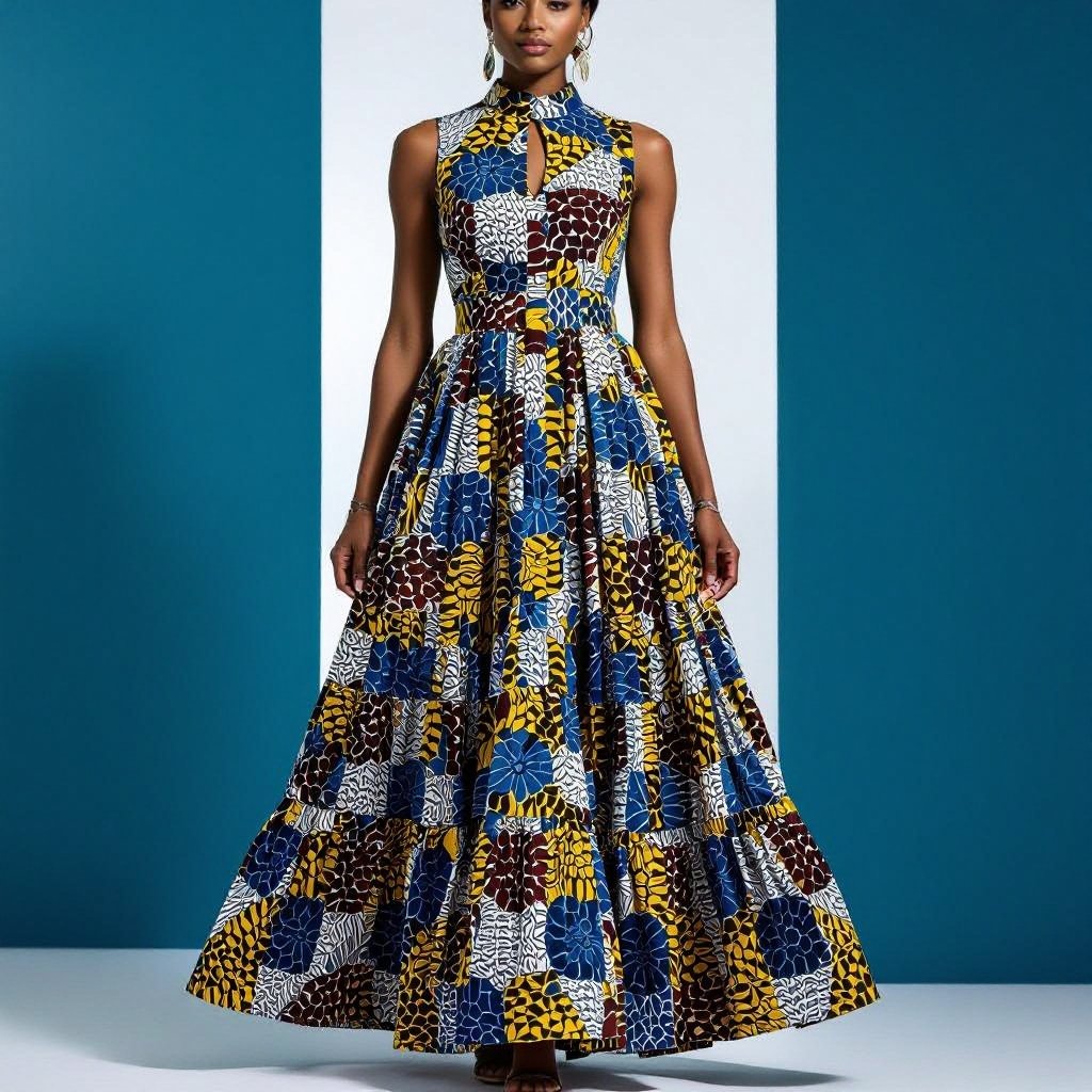 Create a dress with a high neck and buttons in front like the chef tops no sleeves ,right after her hip make gathers from her hip to the floor the top should be plain but the button Ankara fabric on a Ghanaian model I said the gathers should be after the hip
Ankara print maxi dress with a plain high-neck, sleeveless top, and front button placket. The skirt features gathered tiers from the hip to the floor, on a Ghanaian model.