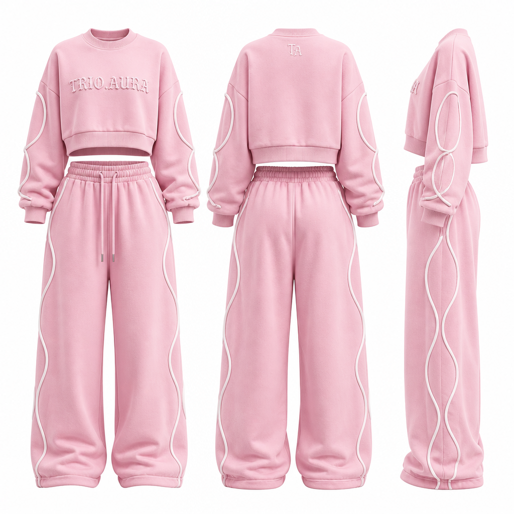 photorealistic fashion design, photorealistic fashion design, A Pants design, in Streetwear style. Design an original luxury women's streetwear tracksuit for the brand TRIO.AURA. Create an oversized cropped crewneck sweatshirt with dropped shoulders and matching high-waisted oversized joggers. Use heavyweight premium cotton fleece with a soft brushed interior. Add bold curved 3D rope piping running down both sleeves and both pant legs for a unique signature look. Embroider the TRIO.AURA logo in small, clean lettering on the left chest and left thigh, with a TA monogram on the back neck. Include ribbed cuffs, an elastic waistband with premium drawstrings, hidden zip pockets, reinforced stitching, and a relaxed baggy fit. Color: soft pink with white rope piping and white embroidery. Style: luxury streetwear, modern, premium, fashion-forward, unique and original. Show front, back, and side views on a plain white background with realistic fabric texture and professional fashion presentation.. South Africa fashion aesthetics., streetwear style, just the design no text. Refinement: for the top add the name logo in the middle ๐๐๐๐๐ ๐๐๐๐ ๐๐๐๐ ๐๐๐๐ ๐๐ ๐๐๐๐, just the design no text. Refinement: ๐๐๐๐๐๐ ๐๐๐ ๐๐๐๐๐๐
photorealistic fashion design, photorealistic fashion design, photorealistic fashion design, A Pants design, in Streetwear style. Design an original luxury women's streetwear tracksuit for the brand TRIO.AURA. Create an oversized cropped crewneck sweatshirt with dropped shoulders and matching high-waisted oversized joggers. Use heavyweight premium cotton fleece with a soft brushed interior. Add bold curved 3D rope piping running down both sleeves and both pant legs for a unique signature look. Embroider the TRIO.AURA logo in small, clean lettering on the left chest and left thigh, with a TA monogram on the back neck. Include ribbed cuffs, an elastic waistband with premium drawstrings, hidden zip pockets, reinforced stitching, and a relaxed baggy fit. Color: soft pink with white rope piping and white embroidery. Style: luxury streetwear, modern, premium, fashion-forward, unique and original. Show front, back, and side views on a plain white background with realistic fabric texture and professional fashion presentation.. South Africa fashion aesthetics., streetwear style, just the design no text. Refinement: for the top add the name logo in the middle ๐๐๐๐๐ ๐๐๐๐ ๐๐๐๐ ๐๐๐๐ ๐๐ ๐๐๐๐, just the design no text. Refinement: ๐๐๐๐๐๐ ๐๐๐ ๐๐๐๐๐๐, just the design no text