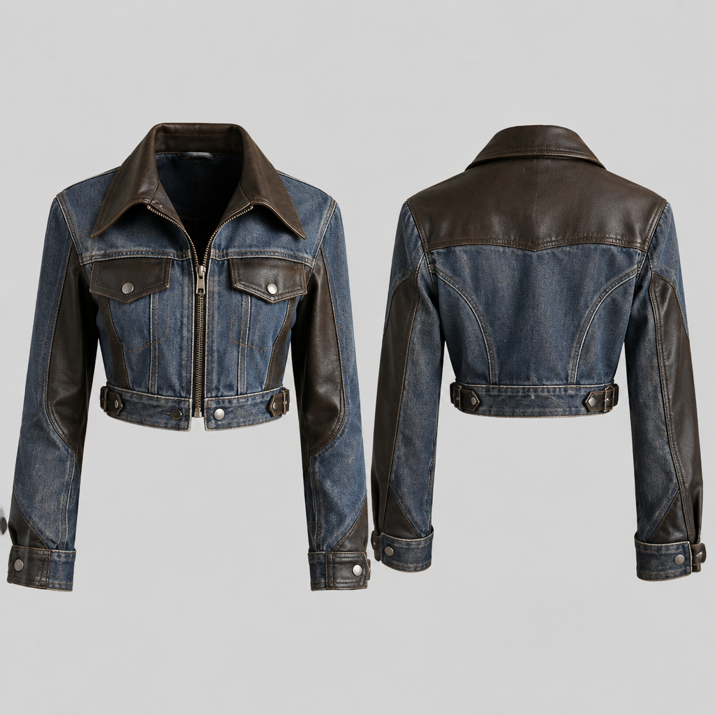 I want to transform this denim jacket into another shorter jacket, add leather polo fabric to some areas and something you can think of
photorealistic fashion design, I want to transform this denim jacket into another shorter jacket, add leather polo fabric to some areas and something you can think of, casual style, just the design no text, show front and back