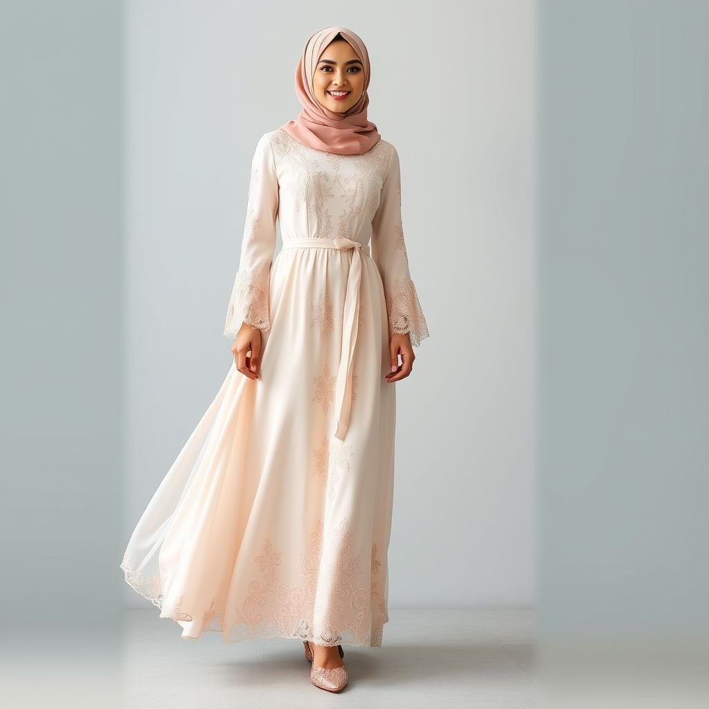 Elegant Muslim-style outfit for a wedding guest. Modest long dress with soft tones, combining tradition with modern fashion. Stylish hijab and graceful yet refined appearance.”
Design an elegant Muslim-style wedding guest outfit featuring a flowing, ankle-length dress in soft blush and ivory tones. The dress boasts intricate lace appliqués, long bell sleeves, and a cinched waist. Pair it with a luxurious, silk hijab adorned with delicate embroidery. Complete the look with chic, embellished flats for a refined, contemporary appearance.