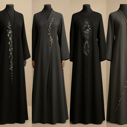 Create me modest abaya that's first in the world, using unique stone design, classy and sophisticated. Keep me 4 designs. Make them rich by adding unique chic stone high end designs and . Showcasing different styles and fabric.
