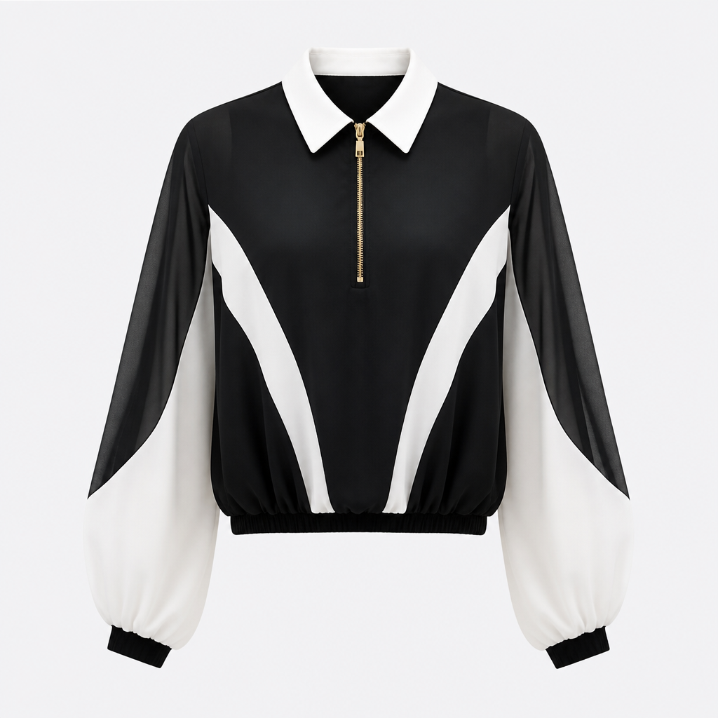 A Top design, made of Chiffon, for Streetwear, suitable for Spring, in Streetwear style. Black and White Polo collar with a gold metal Zipper. Design with modest coverage.
photorealistic fashion design, A Top design, made of Chiffon, for Streetwear, suitable for Spring, in Streetwear style. Black and White Polo collar with a gold metal Zipper. Design with modest coverage., streetwear style, just the design no text
