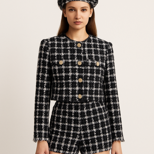 Tweed crop jacket in black and white with matching tweed shorts
Jacket slightly longer gold buttons pockets on breasts full length sleeves slight white fringe on end of sleeves
Bigger print and matching beret
Smaller beret more distinct pockets
Exact same just jacket slightly longer to cover the naval and show the beret and thigh high leather boots