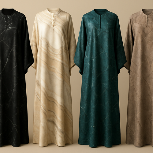 Create a modest boubou, the first of its kind, featuring a unique stone design that exudes a classy and sophisticated vibe. I'd like four designs, each showcasing different styles and fabrics. Incorporate high-end, unique chic stone designs to make them truly special. Add little sophisticated stone designs.
