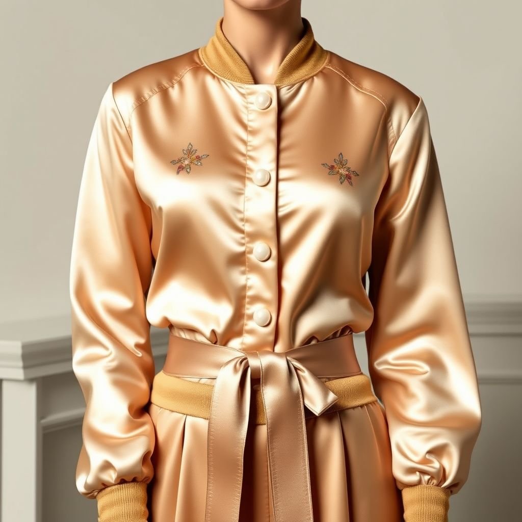 Baseball jacket
Design an elegant baseball jacket, blending classic athleticism with sophisticated luxury. Crafted from sumptuous silk, it features delicate embroidery of floral motifs along the seams. The silhouette is tailored, cinched at the waist with a satin belt. Add chic, pearl-embellished buttons and a subtle sheen that catches the light gracefully.