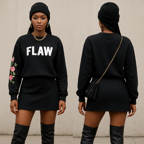 Black Sweater shirt with Flaw on it in white with pretty flowers on one sleeve short skirt thigh high boots gold chain corn rows black crossbody purse gold chain with skirt gold earrings and bracelet leg gold rings black beanie 