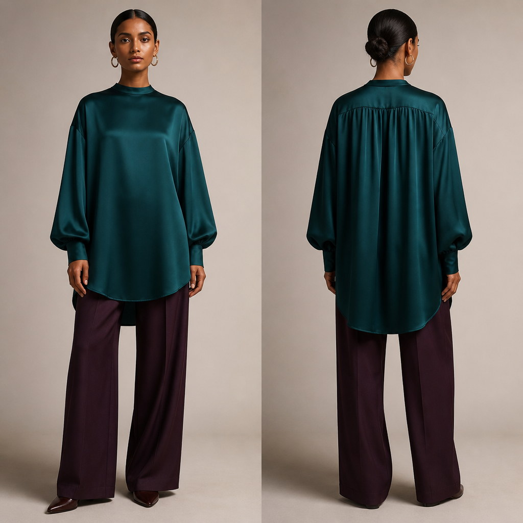 A Female Top design, made of Silk, with a soft, cosy hand, with an Oversized silhouette, with modest, full coverage: longer hemlines, higher necklines and covered shoulders, in a Jewel Tones color palette, for Formal, suitable for Fall, suited to a Temperate climate, in Fall + Streetwear style, shown on a model with brown skin and a petite figure Present it as professional fashion catalogue photography: the garment is the subject, shown full-length with editorial styling, neutral posing and tasteful, non-suggestive framing.
photorealistic fashion design, A Female Top design, made of Silk, with a soft, cosy hand, with an Oversized silhouette, with modest, full coverage: longer hemlines, higher necklines and covered shoulders, in a Jewel Tones color palette, for Formal, suitable for Fall, suited to a Temperate climate, in Fall + Streetwear style, shown on a model with brown skin and a petite figure Present it as professional fashion catalogue photography: the garment is the subject, shown full-length with editorial styling, neutral posing and tasteful, non-suggestive framing., fall style, just the design no text, show front and back