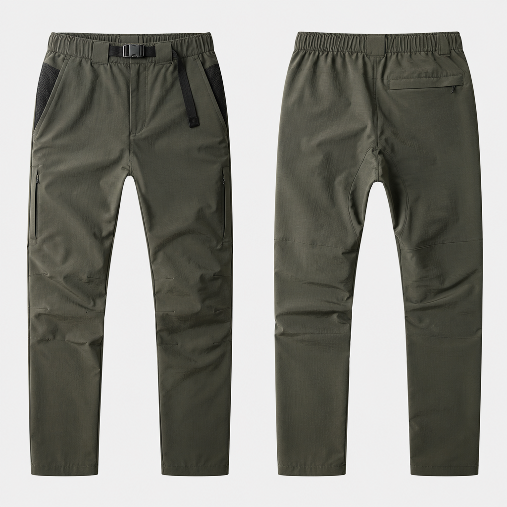 A Pants design. Create a design for cargo trousers made from 4-way stretch nylon/polyester ripstop (water-repellent) featuring an urban gorpcore/minimalist tactical style and a modern tapered fit. The waist utilizes a minimalist technical webbing drawcord system, offering a comfortable, clean fit adjustment without the need for a belt. Deep front hand pockets feature mesh lining for added ventilation to prevent overheating. Slim side cargo pockets utilize concealed, water-resistant zippers; the design lies flat when empty, maintaining a simple, clean aesthetic. Articulated Knees: Specialized panel stitching at the knees ensures maximum freedom of movement when bending (e.g., hiking or squatting). Flat Hem: A clean, straight hem without elastic cuffs, suitable for pairing with various types of footwear. Back View: 1. Partial Elastic Waist: Elastic sections at the sides/back of the waist for comfortable size flexibility (+/- 2 sizes). 2. Clean, Welt Back Pocket: A minimalist welt-style back pocket featuring a slim, zippered flap closure. 3. Tapered Fit: A consistently slim silhouette when viewed from the back. 4. Gusseted Crotch: A specialized gusset panel in the crotch area to prevent tearing during extreme movements. 5. Reinforced Stitching: Additional reinforcement stitching in high-stress areas. Brand name: wulticamp and colour deep olive green. Indonesia fashion aesthetics.
photorealistic fashion design, A Pants design. Create a design for cargo trousers made from 4-way stretch nylon/polyester ripstop (water-repellent) featuring an urban gorpcore/minimalist tactical style and a modern tapered fit. The waist utilizes a minimalist technical webbing drawcord system, offering a comfortable, clean fit adjustment without the need for a belt. Deep front hand pockets feature mesh lining for added ventilation to prevent overheating. Slim side cargo pockets utilize concealed, water-resistant zippers; the design lies flat when empty, maintaining a simple, clean aesthetic. Articulated Knees: Specialized panel stitching at the knees ensures maximum freedom of movement when bending (e.g., hiking or squatting). Flat Hem: A clean, straight hem without elastic cuffs, suitable for pairing with various types of footwear. Back View: 1. Partial Elastic Waist: Elastic sections at the sides/back of the waist for comfortable size flexibility (+/- 2 sizes). 2. Clean, Welt Back Pocket: A minimalist welt-style back pocket featuring a slim, zippered flap closure. 3. Tapered Fit: A consistently slim silhouette when viewed from the back. 4. Gusseted Crotch: A specialized gusset panel in the crotch area to prevent tearing during extreme movements. 5. Reinforced Stitching: Additional reinforcement stitching in high-stress areas. Brand name: wulticamp and colour deep olive green. Indonesia fashion aesthetics., just the design no text