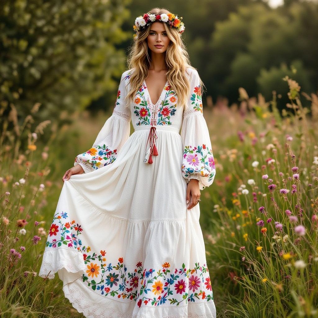 1970s inspired wedding dress
Hippy fashion: 1970s inspired wedding dress, white cotton, loose long sleeves, floral embroidery, flowing skirt.