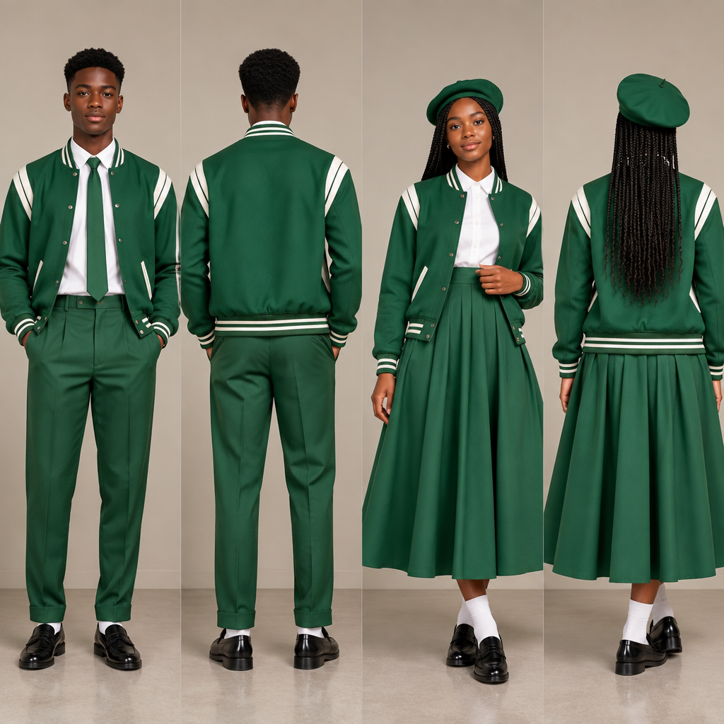 A Male Top design, with modest, full coverage: longer hemlines, higher necklines and covered shoulders, suitable for Spring. GREEN AND WHITE
Design a green baseball jacket with white accents for both male and female. Green arms. Use black teenagers as models.
A fit and flare dress top half white and bottom half green, covering chest area, almost reaching ankles. Green barrett and white socks for the female.
A green relaxed trouser. White shirt, green tie and white socks for the male.
Nice black school shoes for both. Both must be wearing baseball jacket. Use shamrock green.. South Africa fashion aesthetics. Present it as professional fashion catalogue photography: the garment is the subject, shown full-length with editorial styling, neutral posing and tasteful, non-suggestive framing.
photorealistic fashion design, A Male Top design, with modest, full coverage: longer hemlines, higher necklines and covered shoulders, suitable for Spring. GREEN AND WHITE
Design a green baseball jacket with white accents for both male and female. Green arms. Use black teenagers as models.
A fit and flare dress top half white and bottom half green, covering chest area, almost reaching ankles. Green barrett and white socks for the female.
A green relaxed trouser. White shirt, green tie and white socks for the male.
Nice black school shoes for both. Both must be wearing baseball jacket. Use shamrock green.. South Africa fashion aesthetics. Present it as professional fashion catalogue photography: the garment is the subject, shown full-length with editorial styling, neutral posing and tasteful, non-suggestive framing., just the design no text, show front and back