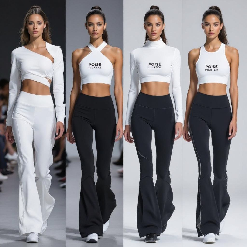 Kan je sport outfits designs maken voor vrouwen Vier AI-modellen naast elkaar Kleur: ivoor en gebroken wit Vier verschillende tops (asymmetrisch, halter hoge hals, lange mouw crop, tanktop met dunne bandjes) Vier verschillende leggings (lang, biker short, flared, cropped) Met subtiele tekst “Poise Pilates” op de borst dit is de logo
Sporty fashion: Sporty ivory and off-white women's outfits, four AI models side-by-side. Featuring: asymmetric top, halter high-neck top, long-sleeve crop top, thin-strap tank top. Paired with: long leggings, biker shorts, flared leggings, cropped leggings. All with "Poise Pilates" logo on the chest.