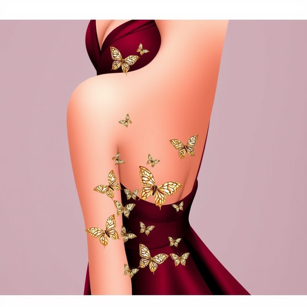 Tel askılı bordu sıkı uzun elbise üstünde küçük dağınık kelebekler var
Imagine an elegant deep burgundy evening gown, featuring delicate spaghetti straps and a fitted silhouette that cascades to the floor. Adorning the dress are whimsical clusters of small, disheveled butterflies, hand-embroidered in shimmering gold and iridescent threads, adding a touch of ethereal charm. This enchanting design embodies grace and sophistication.