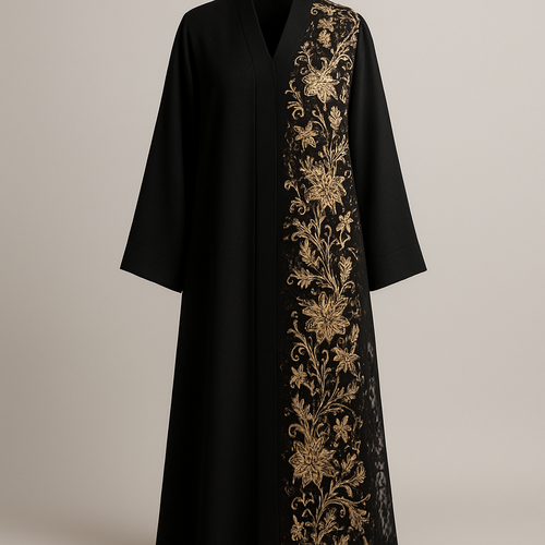 The Gold Veil Lace Abaya
Tone: Black Design: A soft lace panel on one side with gold floral embroidery and crystals.