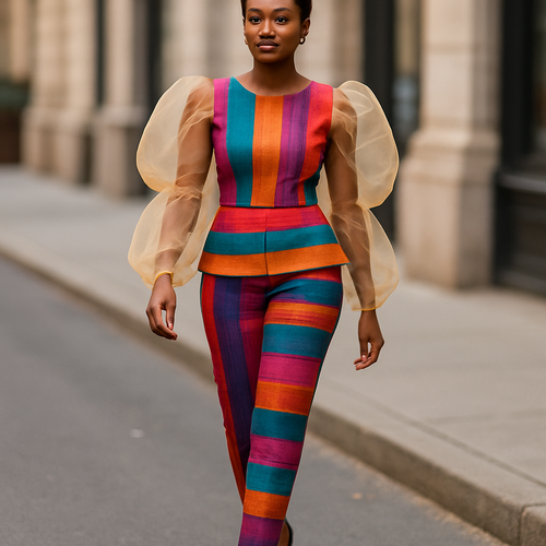 Create a colorful aso oke with some hues top and pant  with an organza chiffon sleeves that look fabulous one of a kind and trendy on a real human brown skin tone walking down the street.
