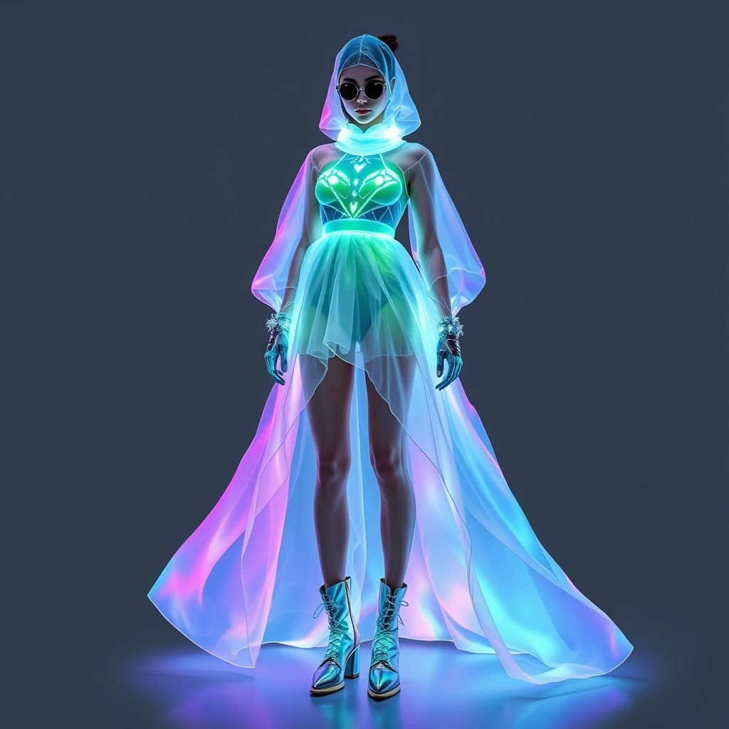 Particullary outfit
Design a futuristic outfit inspired by bioluminescent creatures, featuring a flowing, iridescent mini dress layered with translucent fabrics that shift colors under light. Accessorize with LED-embedded accessories, glowing gloves, and metallic boots. Incorporate organic, fluid shapes and textures to evoke the essence of underwater life, blending nature with urban streetwear.