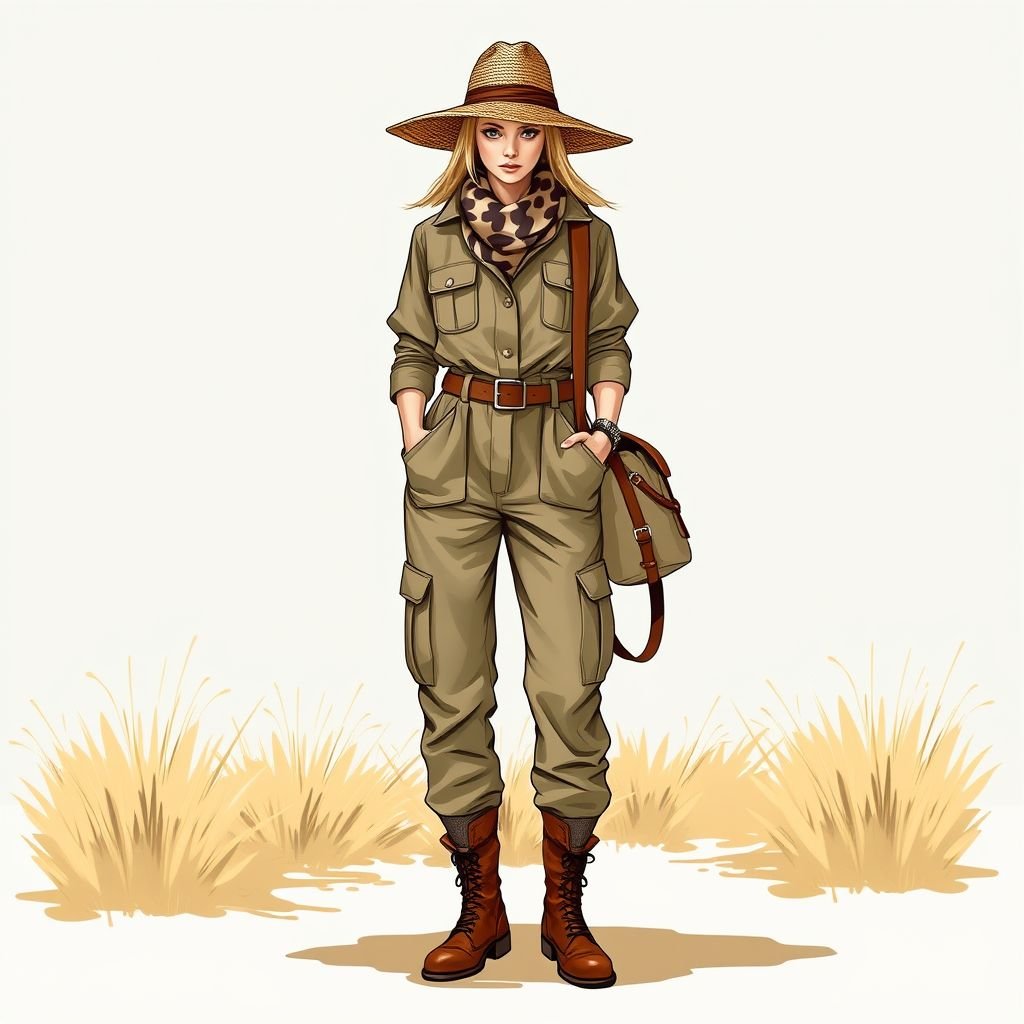 Creative
Design a safari-inspired ensemble featuring a lightweight, khaki-colored utility jumpsuit adorned with oversized pockets and a belted waist. Incorporate a wide-brimmed hat made of natural fibers, and ankle-high leather boots. Accentuate with animal print accessories, like a patterned scarf and a rugged canvas bag, perfect for adventures in the wild.