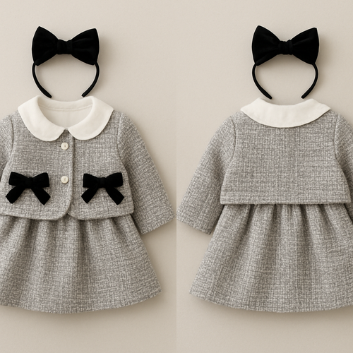 1歳の女の子のベビー服
グレーベースと白のツイードのジャケットとスカート部分がグレーベースと白ツイードのワンピースのセットアップ
ワンピースの上半身部分は白で丸襟でフリフリ
ジャケットの両ポケットの位置に黒のベロア素材のリボン結び
頭にはジャケットについてるリボンと同じもののカチューシャ