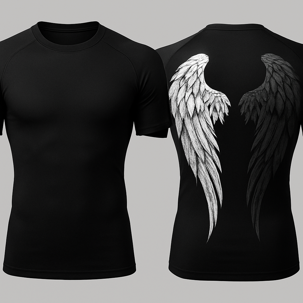 Black base short sleeve compression jujitsu rash guard shirt. 2 angle wings on the back, one white and the other dark gray. Make the wings kinda form a shape of a heart without making it too obnoxious so the wings look natural still 

Little less of a heart shape and make the wings come down almost to the bottom of the shirt 



Black base short sleeve compression jujitsu rash guard shirt. 2 angle wings on the back, one white and the other dark gray. Make the wings kinda form a shape of a heart without making it too obnoxious so the wings look natural still 

Little less of a heart shape and make the wings come down almost to the bottom of the shirt 

, edgy style, show front and back