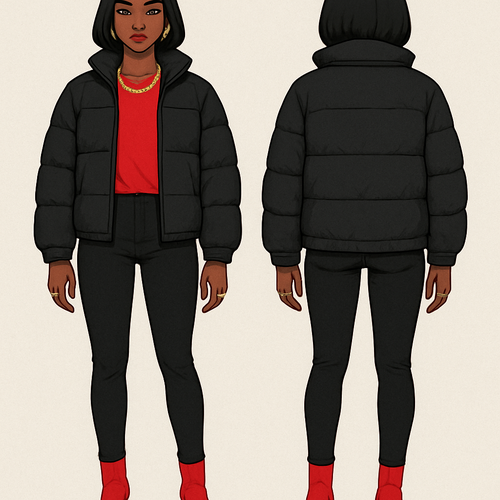 Black woman 
Red shirt 
Black puffer jacket 
Tight black jeans 
Red heel boots 
Gold necklace 
And earrings 
Gold rings on fingers 
A Bob 