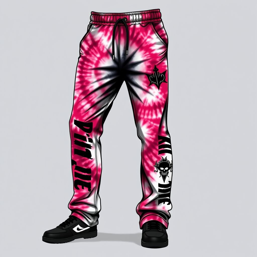 Manfinity Streetrush Men's Gothic Tie-Dye Font Print Straight Leg Pants. With “Da’Vine” going down the pant leg
Design a bold pair of streetwear-inspired men's straight-leg pants featuring a captivating gothic tie-dye print. Emphasize comfort and urban style with a relaxed fit and elastic waistband. Highlight “Da’Vine” in oversized, distressed font running down the pant leg, accompanied by edgy graphic motifs, representing the essence of modern street culture.