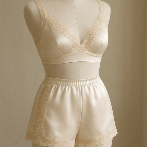 Luxury short and bra set made of stretch satin fabric with refined floral lace detailing. The short has a slim vertical lace strip on the outer thighs, while the bra features delicate lace trims along straps and décolleté. Elegant and feminine, tone-on-tone ivory and nude palette, natural daylight aesthetic.”