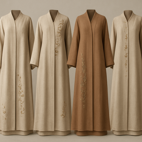 Create a modest two-piece linen abaya, the first of its kind, featuring a unique stone design that exudes a classy and sophisticated vibe. I’d like four designs, each showcasing different styles and fabrics. Incorporate high-end, unique chic stone designs to make them truly special. Add little sophisticated stone designs.