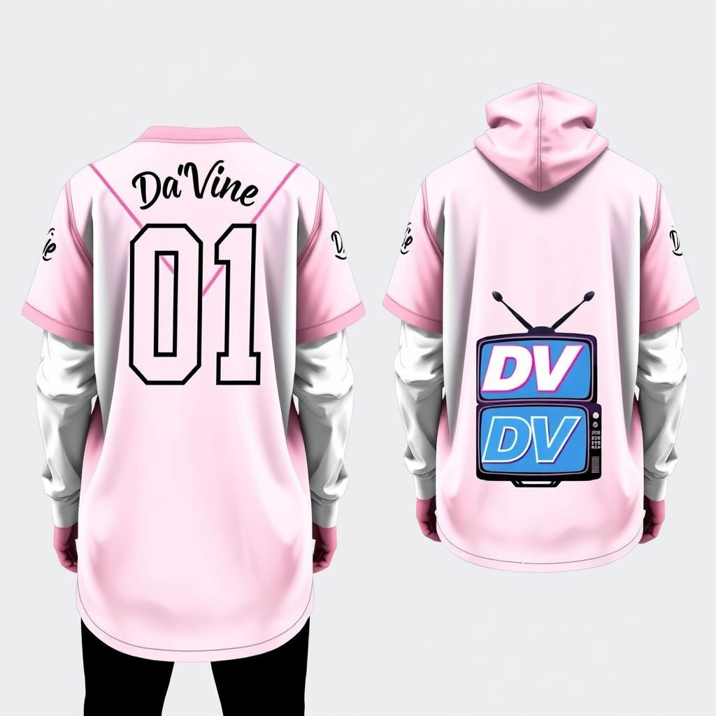 A street life, short sleeve with long sleeve under, graphic V neck Jersey with the number 01 on the back that says “Da’Vine” & DV on the front with the DV being on a blank TV. I want the colors to be light pink and white. I want all the designs embroidered on the jersey. Show the front and back design
Design a trendy streetwear ensemble featuring a relaxed-fit, short-sleeved jersey layered over a long-sleeve tee. The jersey showcases a bold graphic V neckline, with "Da'Vine" elegantly embroidered on the back above the number 01. The front features a striking DV logo displayed on a blank TV screen. Both designs pop in light pink and white hues, emphasizing urban aesthetics. Highlight the intricate embroidery of the designs, capturing the essence of contemporary street style. Present both front and back views to showcase the modern flair and versatility of this unique garment.