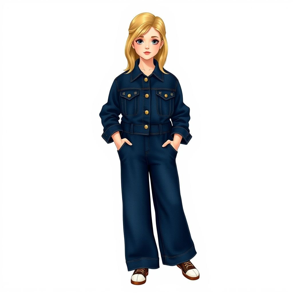 Spijker pak Donkerblauw 13 jaar blond middenscheiding Zakken aan de voorkant van het jasje
Design a chic, dark blue denim jumpsuit for a 13-year-old girl with a stylish middle part in her blonde hair. The fitted jacket features oversized front pockets adorned with intricate embroidery. Paired with wide-legged trousers for comfort, it evokes playful elegance, merging classic denim with modern design elements for a youthful vibe.