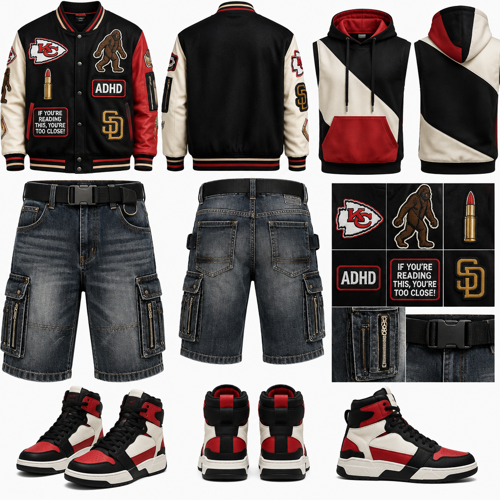 Men’s street wear 5 button fly 5 pocket straight leg denim carpenter jean knee length shorts with zippered cargo pockets and tactical style belt. Men’s y2k varsity style jacket with pockets and dopamine color blocking clusters of patches “KC Chiefs” patch, Sasquatch patch, bullet patch, “ADHD” patch, “if you’re reading this, you’re too close!” patch, “SD Padres” patch. Men’s high top color block lace up basketball sneakers. Men’s sleeveless hooded kangaroo pocket color block hoodie.
photorealistic fashion design, Men’s street wear 5 button fly 5 pocket straight leg denim carpenter jean knee length shorts with zippered cargo pockets and tactical style belt. Men’s y2k varsity style jacket with pockets and dopamine color blocking clusters of patches “KC Chiefs” patch, Sasquatch patch, bullet patch, “ADHD” patch, “if you’re reading this, you’re too close!” patch, “SD Padres” patch. Men’s high top color block lace up basketball sneakers. Men’s sleeveless hooded kangaroo pocket color block hoodie. , streetwear style, just the design no text, show front and back