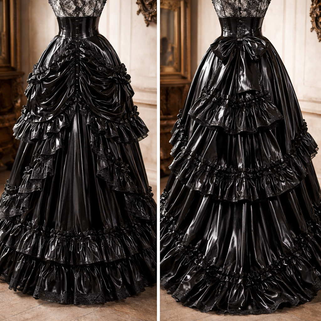 Black high shine PVC traditional Victorian long skirt with layers and ruffles
Black high shine PVC traditional Victorian long skirt with layers and ruffles
, victorian style, show front and back
