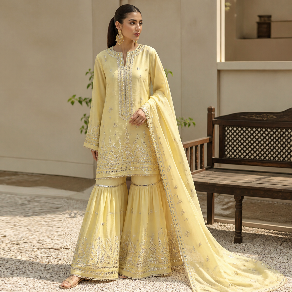A Female Dress design, suitable for Summer. Consider Pakistani fashion — shalwar kameez, gharara, sharara; lawn fabrics, chiffon; intricate embroidery and mirror work. Current season is Summer in Pakistan.
photorealistic fashion design, A Female Dress design, suitable for Summer. Consider Pakistani fashion — shalwar kameez, gharara, sharara; lawn fabrics, chiffon; intricate embroidery and mirror work. Current season is Summer in Pakistan., just the design no text