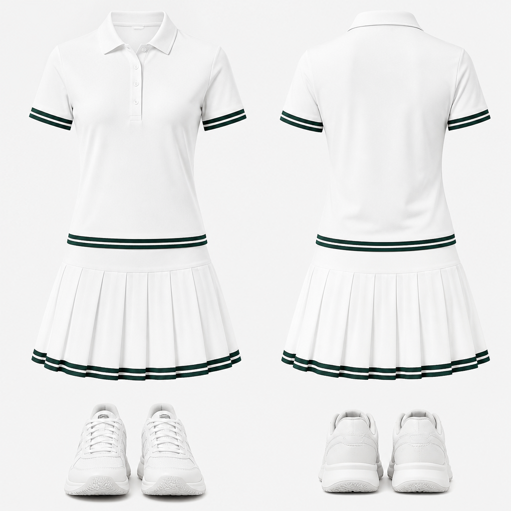 A white polo shirt with deep green stripes on the hem and sleeves and a white tennis skirt with deep green stripes on the hem and white tennis shoes
photorealistic fashion design, A white polo shirt with deep green stripes on the hem and sleeves and a white tennis skirt with deep green stripes on the hem and white tennis shoes , tenniscore style, just the design no text, show front and back