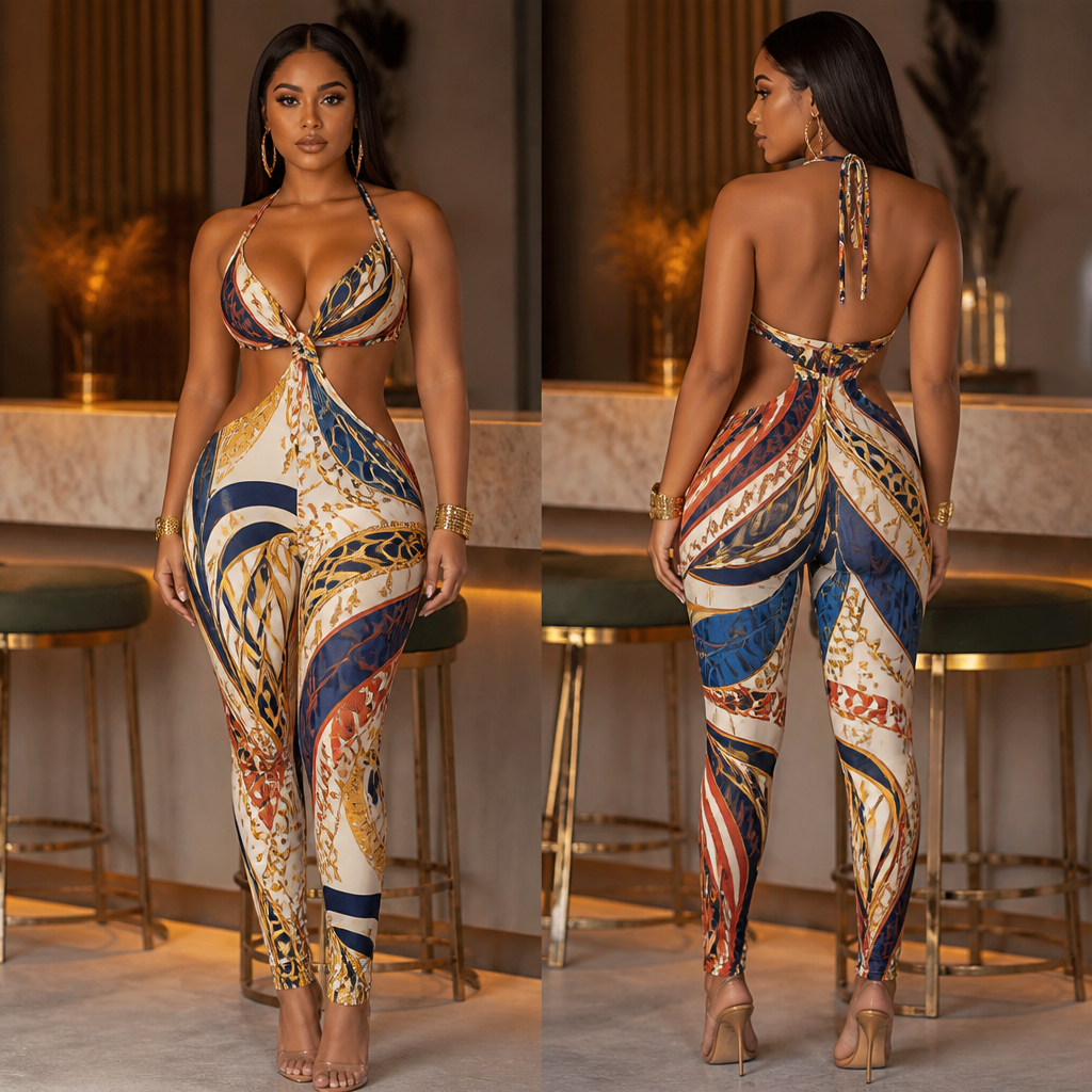 create image for creative sexy trendy design for Cut-Out Waist Printed Jumpsuit + bold print.
bodycon stretch
party night clubwear
front and back
african curvy model. Egypt fashion aesthetics.
photorealistic fashion design, create image for creative sexy trendy design for Cut-Out Waist Printed Jumpsuit + bold print.
bodycon stretch
party night clubwear
front and back
african curvy model. Egypt fashion aesthetics., just the design no text