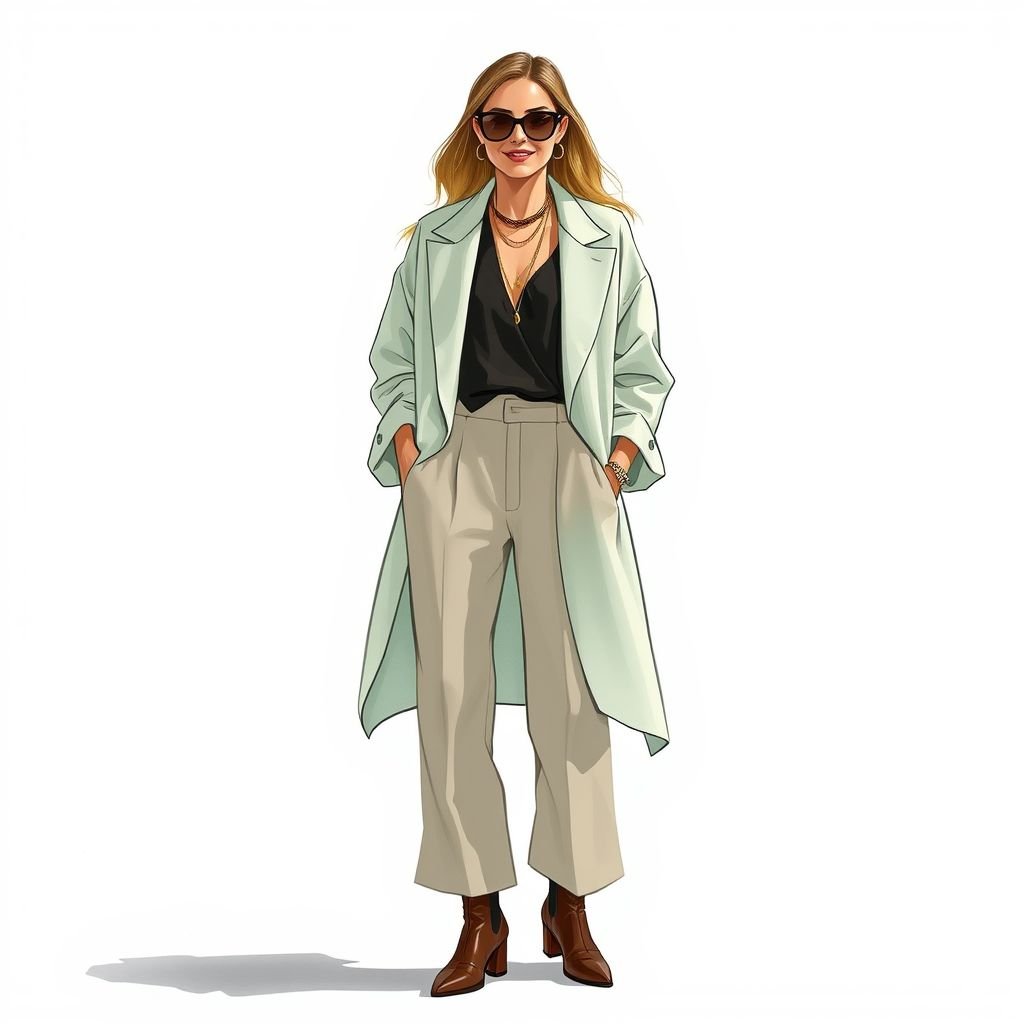 A feminine casual oversized blazer w a tide long sleeves
Design a chic, oversized blazer featuring an asymmetrical cut, with tide-inspired long sleeves that drape elegantly. The fabric is lightweight linen in a soft seafoam hue, adorned with subtle wave motifs. Pair it with high-waisted wide-leg trousers and delicate ankle boots for a modern, laid-back coastal vibe. Accessories include layered gold necklaces and oversized sunglasses.
