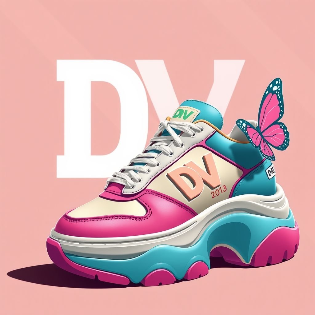 Retro style shoe, with a pop out butterfly afffect, with “DV” on tongue of shoe. And a “DV” on side if needed
Design a retro-inspired shoe that captures the spirit of the 70s, featuring bold colors and chunky silhouettes. Incorporate a playful pop-out butterfly accent on each side for a whimsical touch. Prominently display "DV" on the tongue and side, blending nostalgia with modern flair for a unique statement piece.