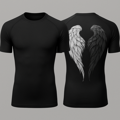 Black base compression fit short sleeve rash guard with angel wings in the back 

Make one wing white and the other black but lighter shade of black compared to the base color 

Make the black wing a little more of a lighter shade 

Still little more lighter 

Can you make the wings form kinda a heart shape but not to obnoxious, I still want them to look natural 