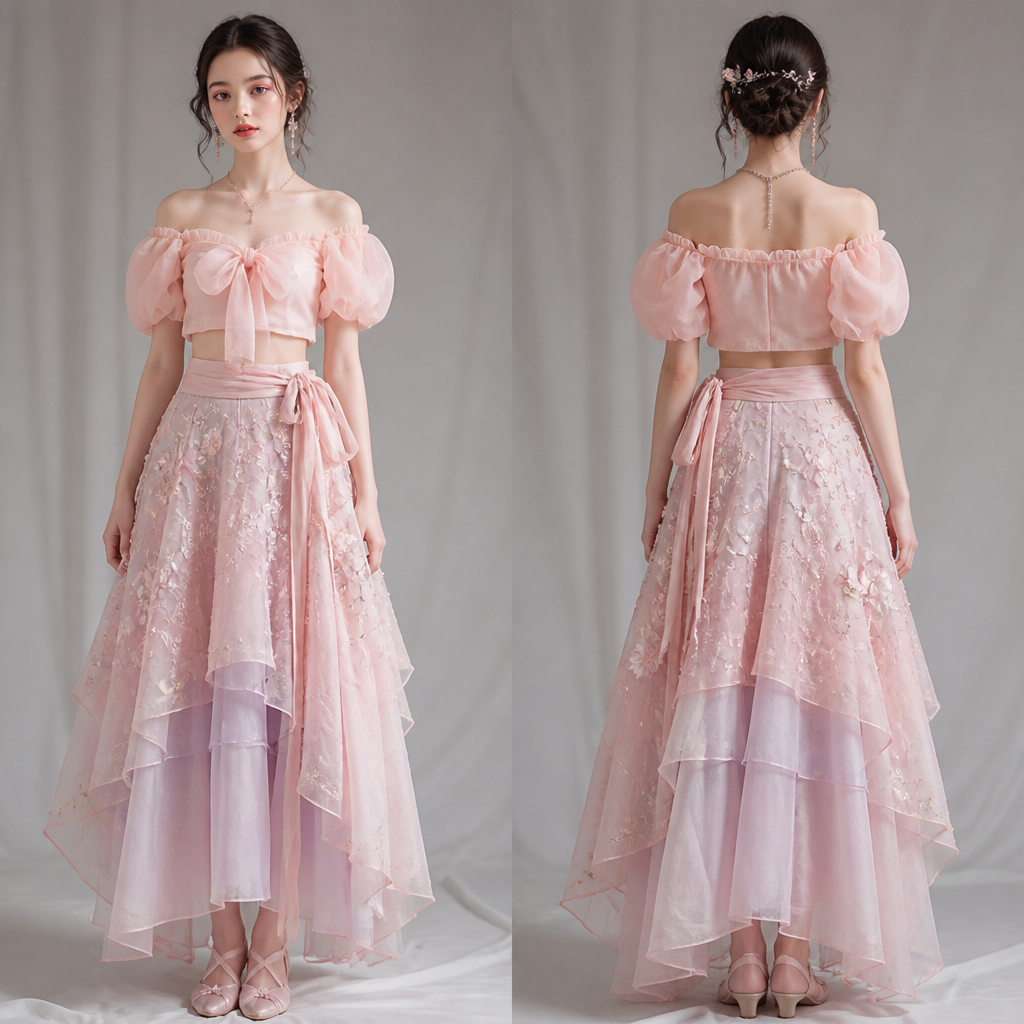A Female Skirt design, made of Silk, with a rich, textured surface, styled in layers, in a Pastels color palette, suitable for Summer, suited to a Temperate climate, in Korean Fashion + Japanese Street + Princesscore style, shown on a model with fair skin and a slim figure. добавь на юбку вышивку с лепестками сакуры,так же бусины разных размеров+завязка сбоку. Russia fashion aesthetics. Present it as professional fashion catalogue photography: the garment is the subject, shown full-length with editorial styling, neutral posing and tasteful, non-suggestive framing.
photorealistic fashion design, A Female Skirt design, made of Silk, with a rich, textured surface, styled in layers, in a Pastels color palette, suitable for Summer, suited to a Temperate climate, in Korean Fashion + Japanese Street + Princesscore style, shown on a model with fair skin and a slim figure. добавь на юбку вышивку с лепестками сакуры,так же бусины разных размеров+завязка сбоку. Russia fashion aesthetics. Present it as professional fashion catalogue photography: the garment is the subject, shown full-length with editorial styling, neutral posing and tasteful, non-suggestive framing., korean_fashion style, just the design no text, show front and back