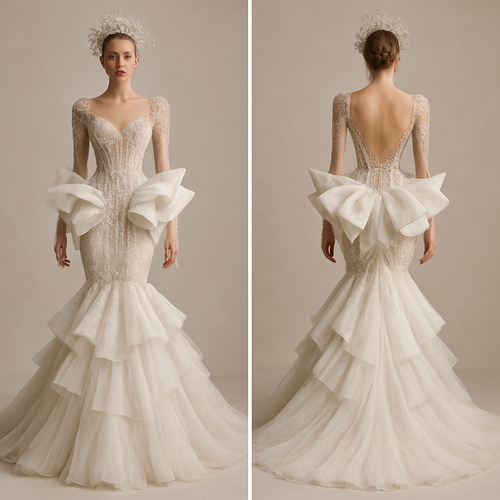 an extremely high-fashion, avant-garde couture gown that blends bridal elegance with artistic drama. It features a sheer, intricately beaded bodice with a corset-like structure that creates a snatched hourglass shape, complemented by long transparent sleeves adorned with delicate crystals that seem to drip off the edges. Around the waist, the gown erupts into large, sculptural, bow-like folds and layered ruffles that resemble hand-crafted paper or snow petals, adding bold architectural volume. The skirt flows into soft, tiered layers of tulle or organza, forming a gentle mermaid silhouette. The look is completed with a stunning crystal-encrusted headpiece that echoes the embellishments of the dress, giving the entire ensemble an ethereal, frosty, fairy-tale aura. Overall, the gown feels like wearable art—dramatic, otherworldly, and reminiscent of a high-fashion bridal goddess.
