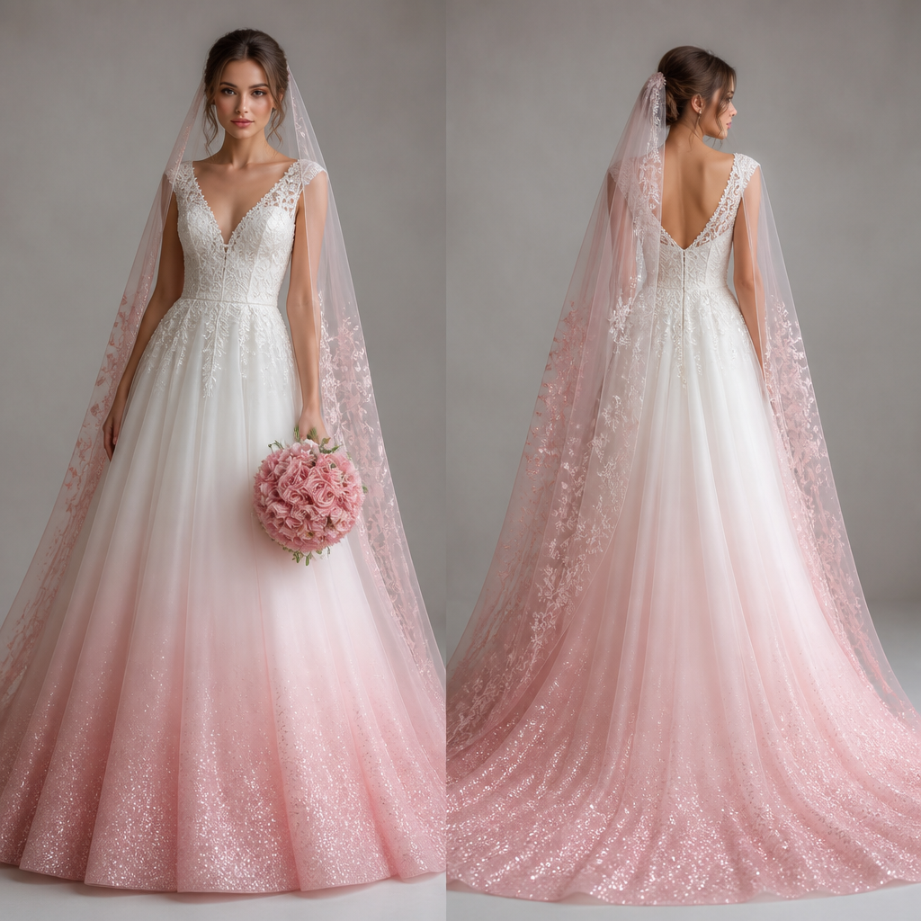 A Female Dress design, made of Linen, for Wedding, suitable for Summer, in Elegant + Formal + Glamorous style. maak een pastel roze en witte trouwjurk, het roze onderaan en het witte bovenaan,zorg dat het helemaal onderaan wat glitters heeft, maar dan alleen onderaan, en zorg ervoor dat het roze langzaamaan naar boven gaat en zorg dat het een vloeiende overgang is. doe ook een sluier met het zelfde ontwerp. doe er ook maar een bos roze rozen bij. Netherlands fashion aesthetics.
photorealistic fashion design, A Female Dress design, made of Linen, for Wedding, suitable for Summer, in Elegant + Formal + Glamorous style. maak een pastel roze en witte trouwjurk, het roze onderaan en het witte bovenaan,zorg dat het helemaal onderaan wat glitters heeft, maar dan alleen onderaan, en zorg ervoor dat het roze langzaamaan naar boven gaat en zorg dat het een vloeiende overgang is. doe ook een sluier met het zelfde ontwerp. doe er ook maar een bos roze rozen bij. Netherlands fashion aesthetics., elegant style, just the design no text, show front and back