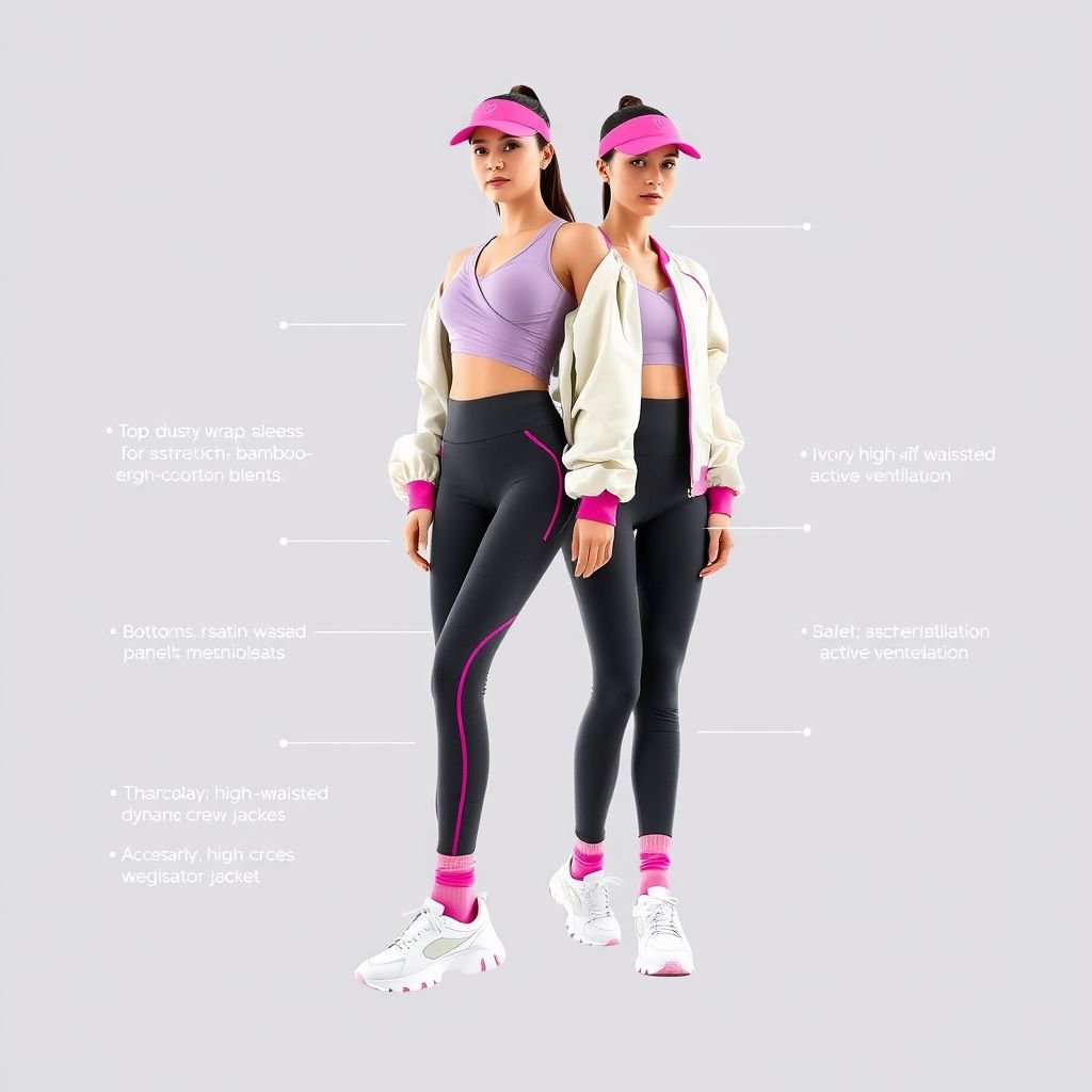 Outfit 1: LILAC FLOW Theme: Feminine, sleek, and elevated Top: Dusty lilac wrap crop top in a soft stretch bamboo-cotton blend, featuring ballet-inspired thumbhole sleeves and mesh inserts. Bottoms: High-waisted leggings in charcoal grey with hot pink piping along the sides and strategic mesh panels for breathability. Outerwear: Ivory satin bomber jacket with exaggerated puff sleeves and a soft sheen. Accessories: Pink reflective visors and ribbed crew socks. Footwear: Chunky white sneakers with hot pink accents. Inspiration: Ballet core trend, layering, feminine performance wear.
Outfit 1: LILAC FLOW
Theme: Sporty, feminine, and stylishly functional.
Top: Dusty lilac wrap crop top in soft stretch bamboo-cotton blend, featuring thumbhole sleeves for dynamic movement and breathable mesh inserts.
Bottoms: Charcoal high-waisted leggings with hot pink piping and ventilation panels for active ventilation.
Outerwear: Ivory satin bomber jacket with puff sleeves for flair.
Accessories: Reflective pink visors and sporty ribbed crew socks.
Footwear: Chunky white sneakers with vibrant hot pink accents.
Inspiration: Ballet core meets athletic performance, combining elegance with cutting-edge athletic style.