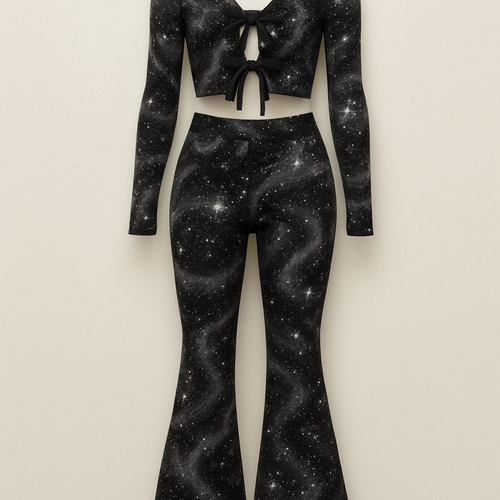 Two piece knit set. Top is a tie up the front with bows down the front crop top long sleeves. Bottoms is a high rise bell bottoms. Print is a psychedelic black and grey galaxy print with glitter crystals as stars that are scattered all around
