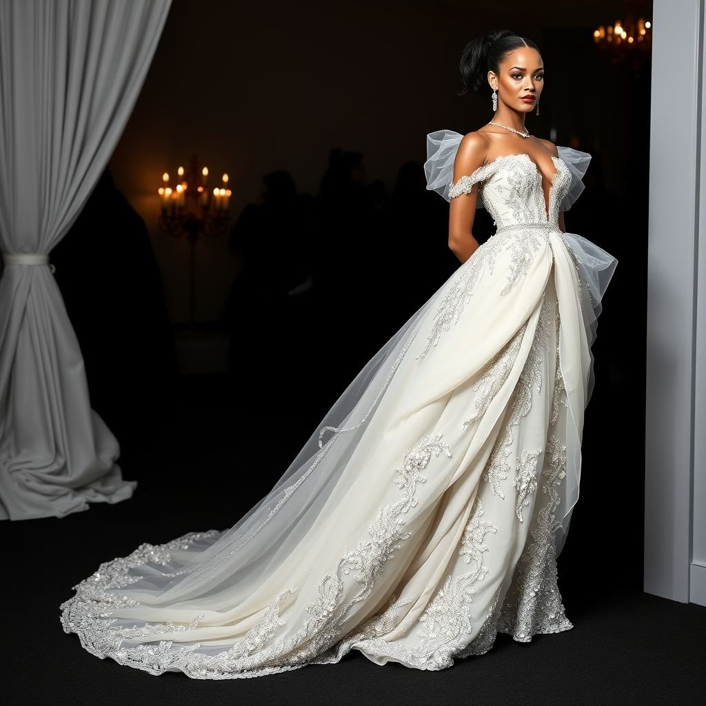 Create me a unique met gala dress that resembles something rhianna would wear, but I want it to be modest and empowers a Met Gala look. Put “DV” on it somewhere
Design a breathtaking Met Gala gown inspired by Rihanna’s stunning aesthetic, featuring elegant draping and exquisite details. The gown should blend opulence and modesty, with a sweeping train and intricate beadwork that sparkles under the lights. Incorporate “DV” elegantly into the design, celebrating empowerment and glamorous sophistication.