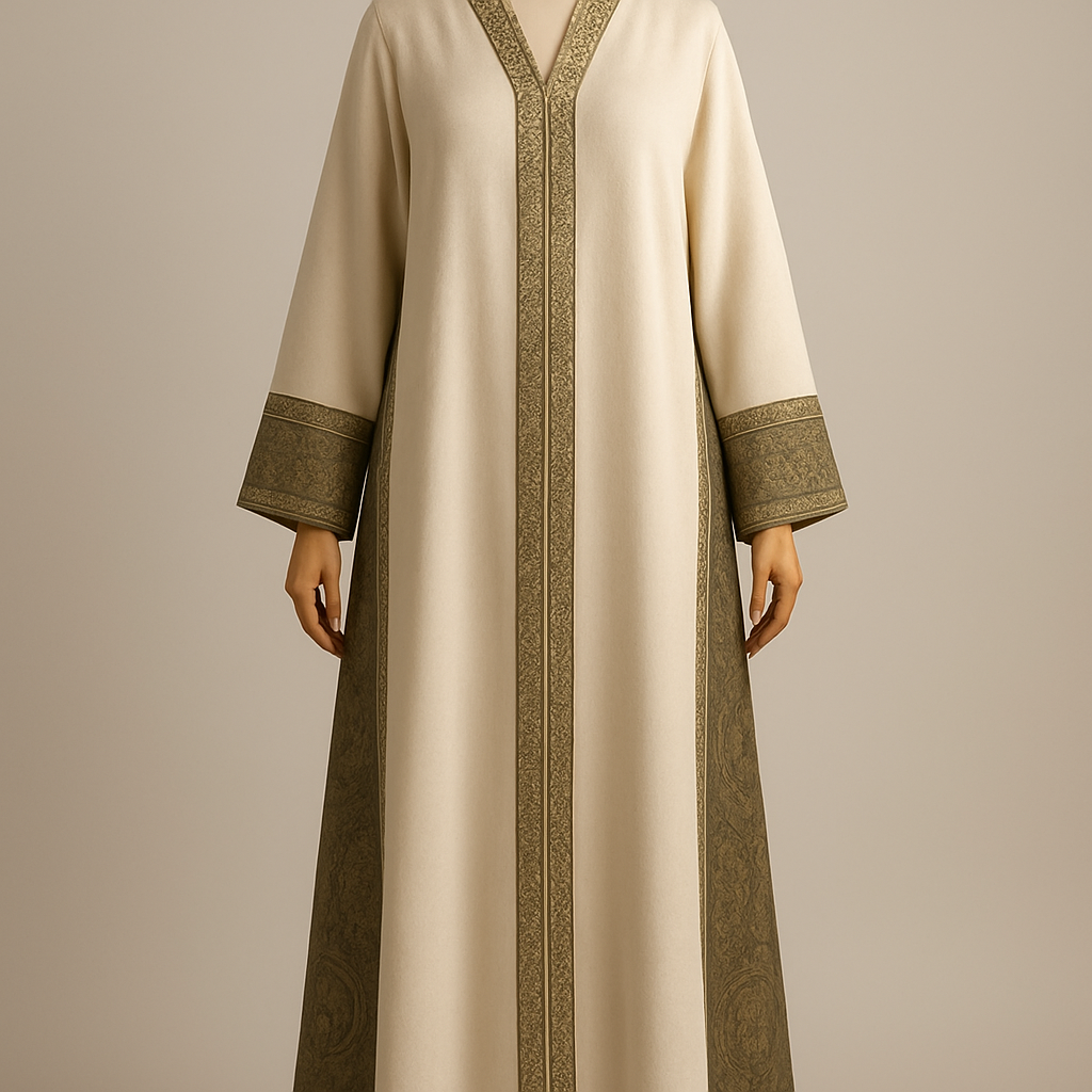 
(photorealistic)
"Photorealistic full-length fashion photograph of an ankle-length ivory white abaya v cut from front  and najdi geometric embroidery in gold for the edges(2.5cm) just front with out hands,displayed on a luxurious light polished wooden mannequin. The abaya features long side slits from underarm to ankle with an external Kashmiri patterned panel attached to the outer edge of each slit; the Kashmiri panel is jacquard/textured paisley in complementary-olive green with little gold touches tones. A narrow Najdi geometric embroidery (3–3.5 cm wide) in matte antique-gold thread runs along the outer edge of each panel, with small repeating motifs spaced every 15–20 cm — embroidery visible down to the ankle. Silhouette: straight A-line, soft drape, lightweight wool-blend, lightly lined. Styling: clean neutral studio background, soft directional warm light, full-length view showing panels to the ankle, high-detail texture and fabric realism. Camera: 35mm perspective, shallow depth of field (f/4), high-resolution output (4k)."



(photorealistic)
"Photorealistic full-length fashion photograph of an ankle-length ivory white abaya v cut from front  and najdi geometric embroidery in gold for the edges(2.5cm) just front with out hands,displayed on a luxurious light polished wooden mannequin. The abaya features long side slits from underarm to ankle with an external Kashmiri patterned panel attached to the outer edge of each slit; the Kashmiri panel is jacquard/textured paisley in complementary-olive green with little gold touches tones. A narrow Najdi geometric embroidery (3–3.5 cm wide) in matte antique-gold thread runs along the outer edge of each panel, with small repeating motifs spaced every 15–20 cm — embroidery visible down to the ankle. Silhouette: straight A-line, soft drape, lightweight wool-blend, lightly lined. Styling: clean neutral studio background, soft directional warm light, full-length view showing panels to the ankle, high-detail texture and fabric realism. Camera: 35mm perspective, shallow depth of field (f/4), high-resolution output (4k)."
, show front and back