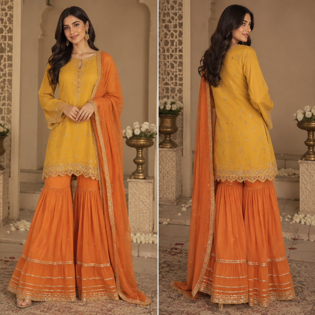 A Female fashion design. ye he girl rakhna go abhe rakhe ha . girl ko short kurti phenana yellow color ke nechy gararah phenana orange color ka sath orange dopata. Pakistan fashion aesthetics. Present it as professional fashion catalogue photography: the garment is the subject, shown full-length with editorial styling, neutral posing and tasteful, non-suggestive framing.
photorealistic fashion design, A Female fashion design. ye he girl rakhna go abhe rakhe ha . girl ko short kurti phenana yellow color ke nechy gararah phenana orange color ka sath orange dopata. Pakistan fashion aesthetics. Present it as professional fashion catalogue photography: the garment is the subject, shown full-length with editorial styling, neutral posing and tasteful, non-suggestive framing., just the design no text