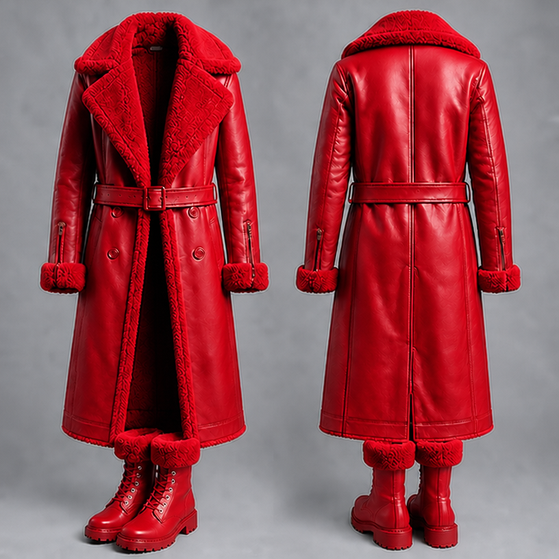 Make this coat and boots in red
edit the attached fashion design with these instructions: Make this coat and boots in red. keep it photorealistic, just the design no text