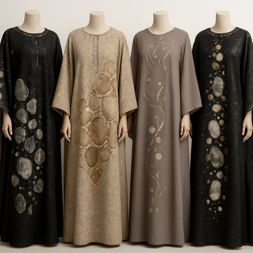Create a modest boubou, the first of its kind, featuring a unique stone design that exudes a classy and sophisticated vibe. I'd like four designs, each showcasing different styles and fabrics. Incorporate high-end, unique chic stone designs to make them truly special. Add little sophisticated stone designs.