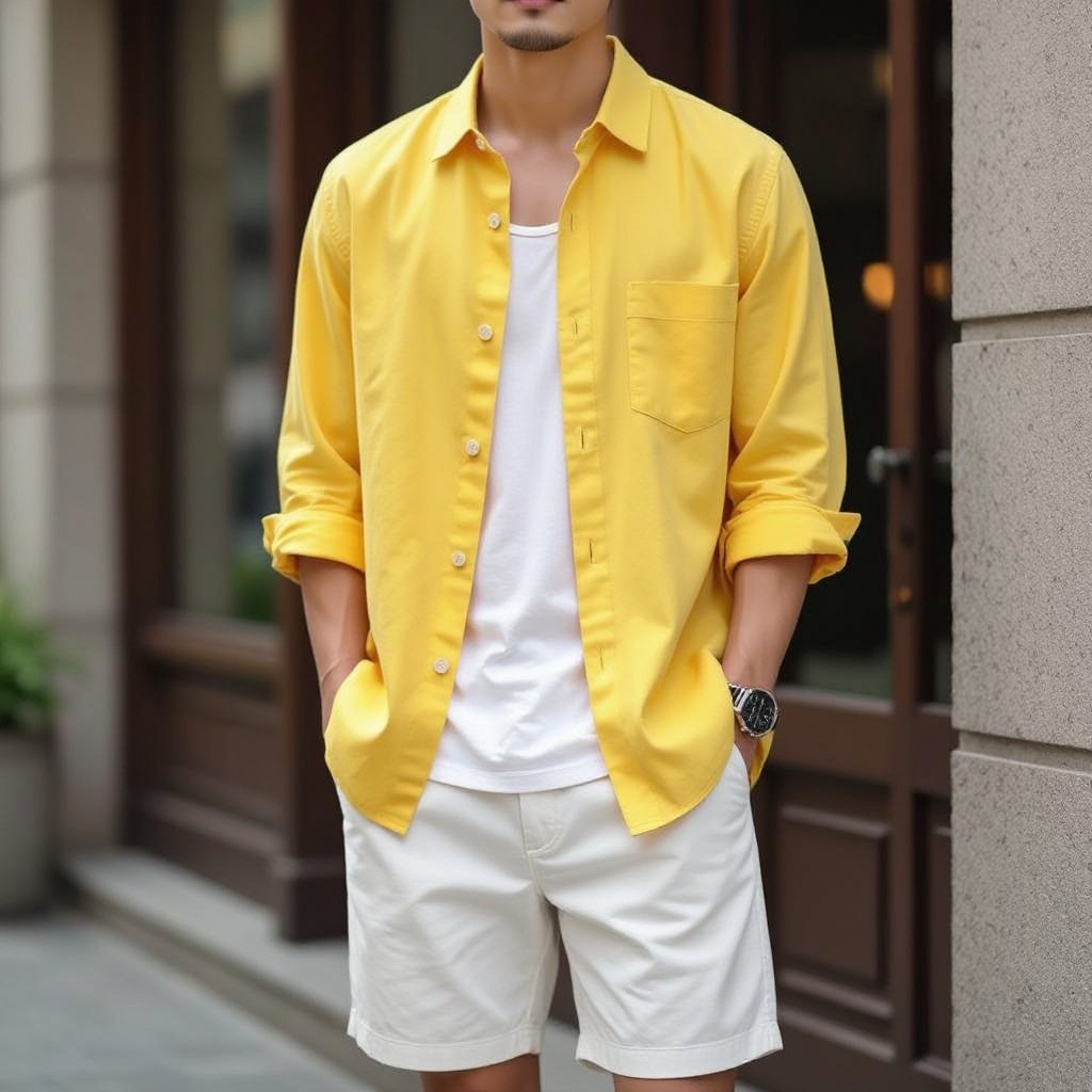 “I want a men’s yellow cotton Korean-style shirt, very cool and summery, that pairs well with a tight men’s tank top and white shorts.”
Minimalist fashion: I want a men's yellow cotton Korean-style shirt. It should be light, with a relaxed fit. It will be worn open over a white tank top and white shorts.