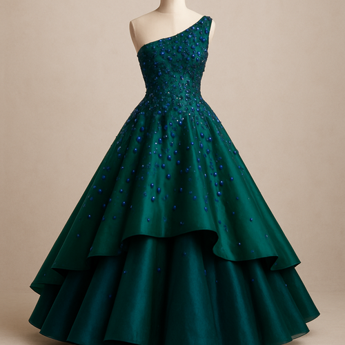 A blue and green A-line pageant dress with a layered skirt. I want the main color to be an emerald green with hints of royal blue stones.  I would like the top portion to be one shoulder.